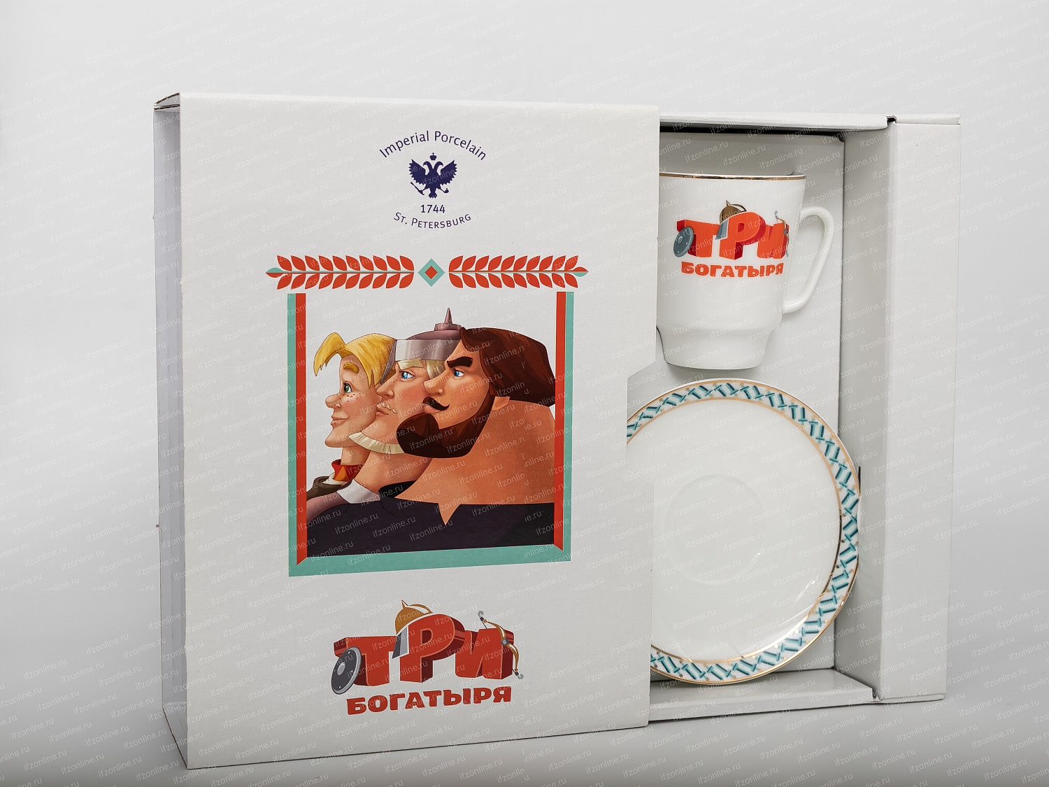 Чашка с блюдцем кофейная форма Майская, рисунок Три богатыря